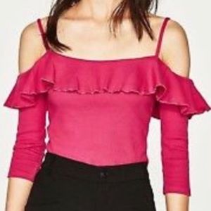 Zara Cold Shoulder Barbie Hot Pink Ruffle Crop Top New